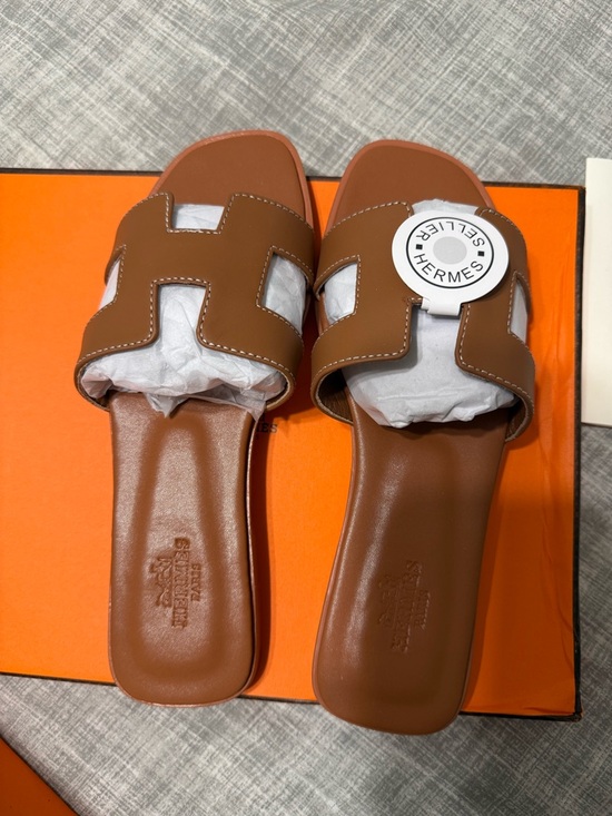 Hermes Shoes - Hermes Brown Oran H Slide Sandals